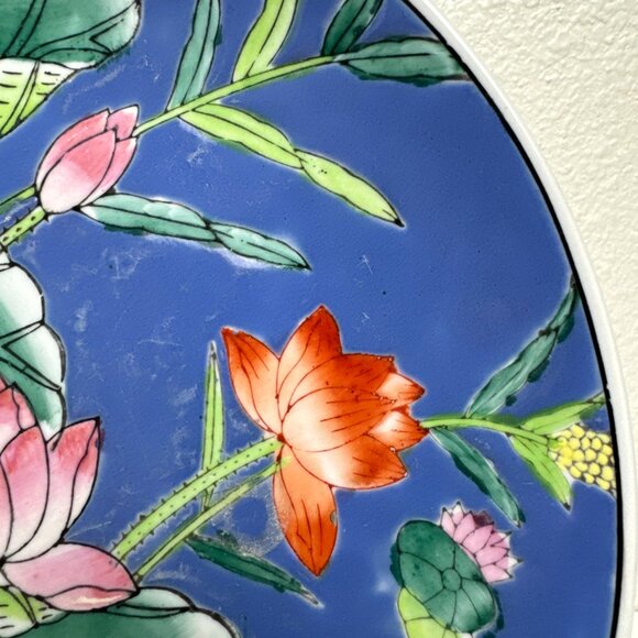Vintage Chinese Plate Blue Lily Birds Floral Pattern Porcelain 9.25" - Picture 4 of 9